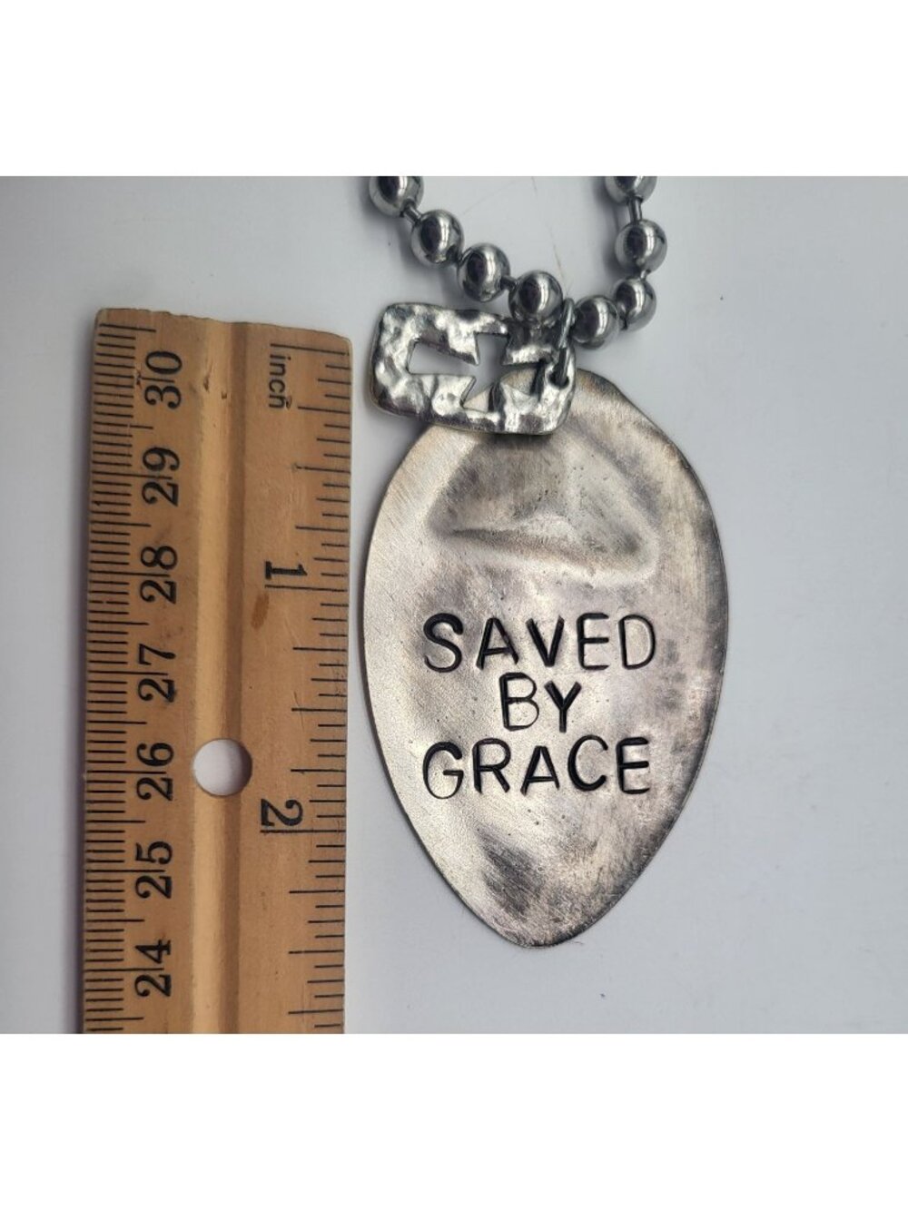 Saved By Grace Stamped Silver Tone Necklace Religious Faith Cross - Picture 4 of 5